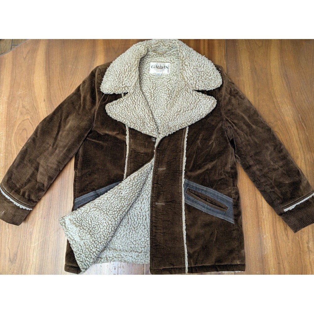Vintage 70s Grais Sherpa Lined Corduroy Western Rancher Coat Mens 40 USA Brown